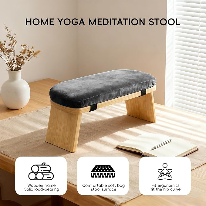 Natural Beech Wood Yoga Bench, Ergonomic Design for Kneeling, Meditation, Pilates, FSC Certified (Gray)