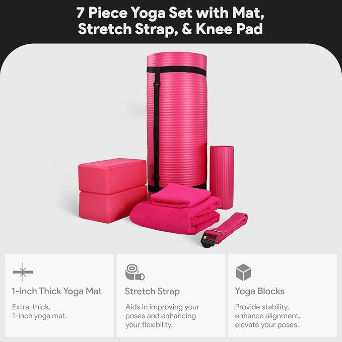 BalanceFrom 7-Piece Yoga Set with 71x24x1 Inches Extra Thick Mat and Carrying Sling – Includes 2 Blocks, Stretch Strap, 2 Towels, and Knee Pad for Home, Studio, and Gym Workouts