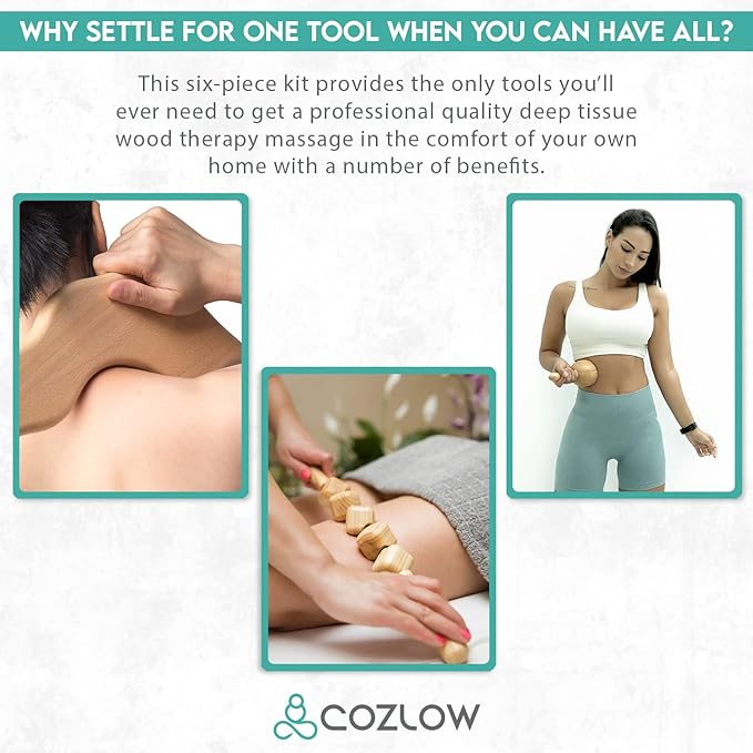 COZLOW 6-in-1 Wood Therapy Massage Tools - Professional Maderoterapia Kit for Body Sculpting, Shaping, Fascia Release & Lymphatic Drainage - Maderotherapy Helps Reduce Cellulite Appearance