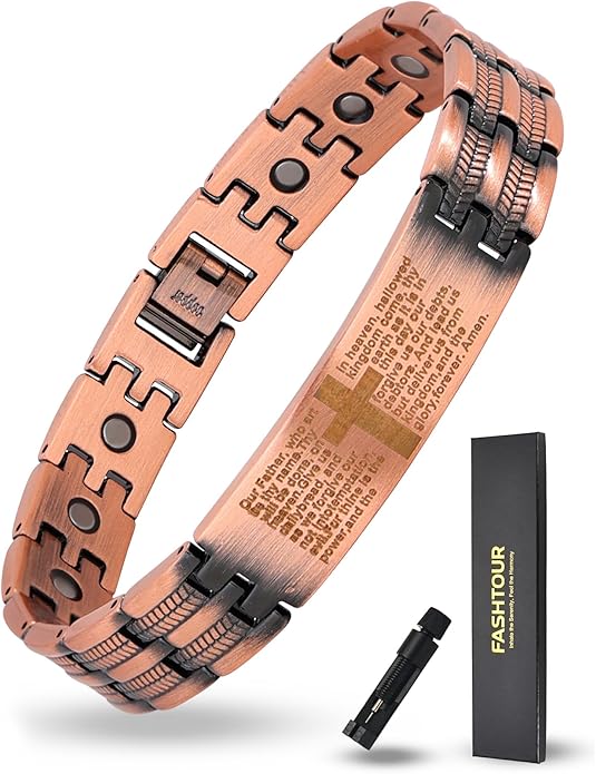 Magnetic Bracelet and Ring Set for Men, 99.99% Pure Copper Jewelry, Adjustable Cross & Celtic Knot Design, Gift for Dad