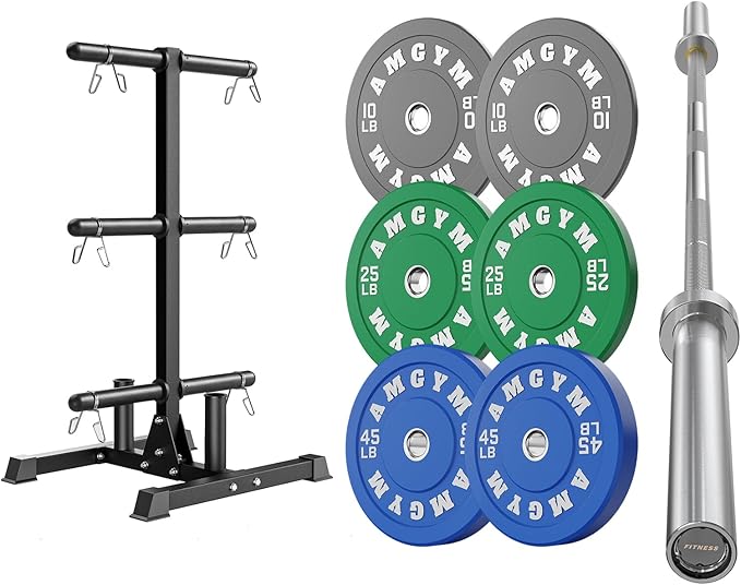 Weight Plate Tree Rack & Weight Set, Strength Training Plate Storage Stand and Barbell Holders for Home Gym, 1100 lb Weight Capacity, Fits Both 1" and 2" Bumper Plates