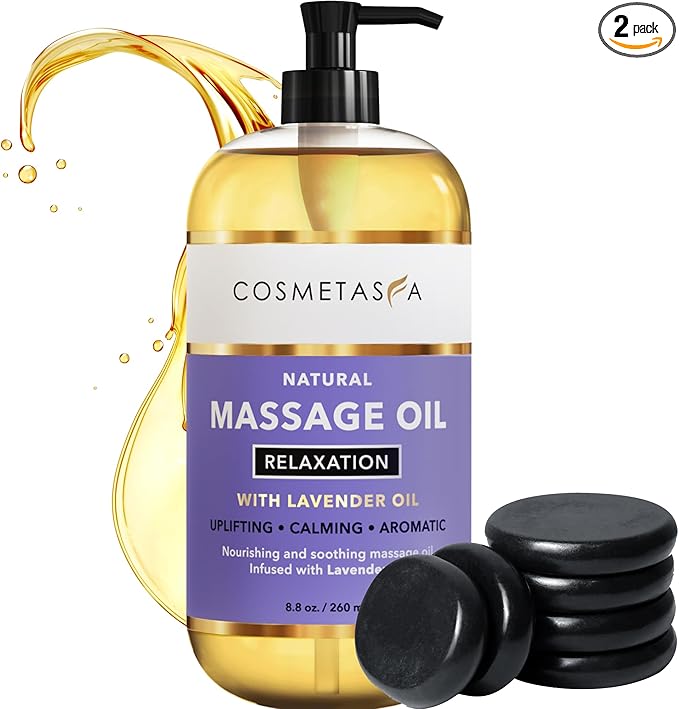 Cosmetasa Lavender Massage Oil for Massage Therapy with Hot Stones – Natural, Cruelty-Free & Spa Quality Skin Therapy Oil & Soothing Care – Lavender, Geranium & Grapeseed Oil (8.8 oz)