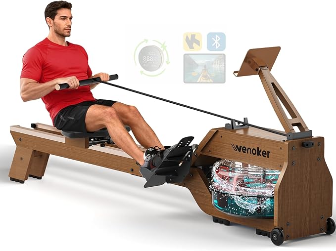Water Rowing Machines for Home Use, Rower Machine with Smart Electronic Knob,Wooden Row Machine with LCD Monitor & Comfortable Seat, Bluetooth App Compatible for Home Gym Exercise 300 LBS