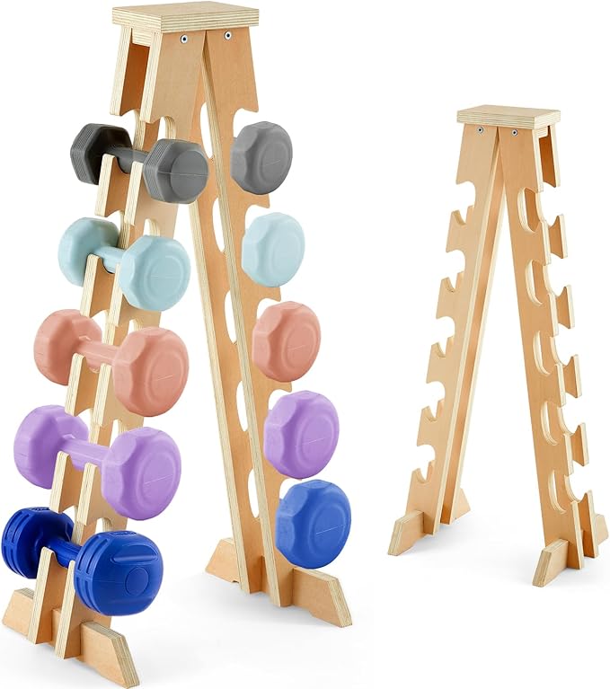 Collingmill 5 Tier A Frame Dumbbell Rack Stand, 200 Lbs Capacity Wooden Weight Organizer for Women Home Gym, Compact Birch Plywood Storage for Dumbbells Workout Equipment