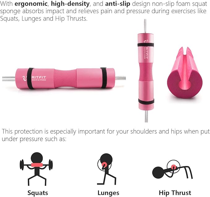 RitFit 7 Pcs Barbell Squat Pad Set, with Resistance Band, 2 Safety Straps, 2 Gym Ankle Straps & Carry Bag, Upgraded Neck & Shoulder Protective Pad Support for Squats, Lunges & Hip Thrust (Pink/Black)