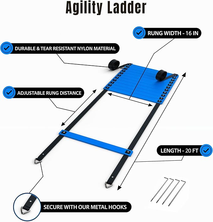 Complete Agility Ladder Training Set - 20ft Speed Ladder, 6 Adjustable Hurdles, 20 Cones, 5 Resistance Bands, 2 Speed Training Parachutes, Jump Rope, Nylon Carry Bag & Stakes