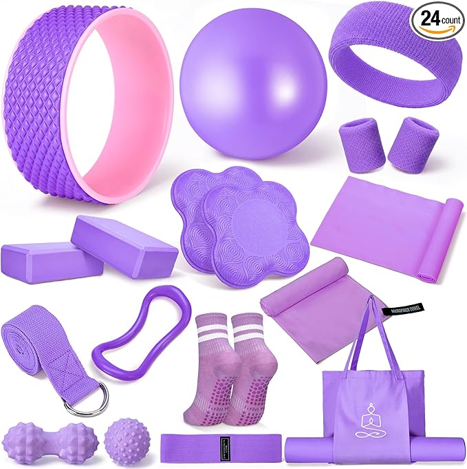 17 Pcs Yoga Essential Kit for Women, Pilates Equipment Starter Set for Beginners with Yoga Wheel Ball Blocks Strap Resistance Bands Wrist Rings Socks Towel & Carry Bag for Home Workouts