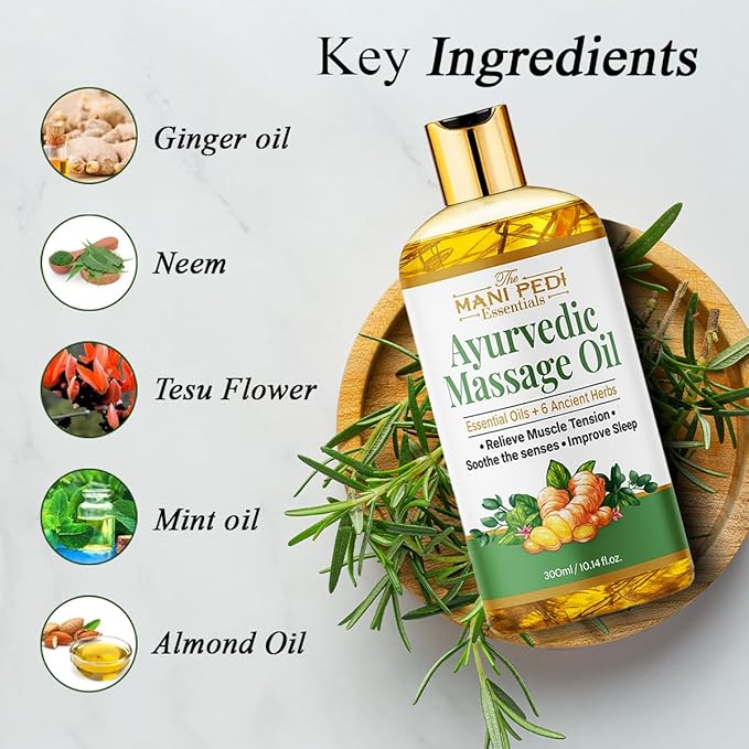 Ayurvedic Oil, Massage Oil with 6 Ancient Herbs with Clove, Almond, Lemongrass & Lavender Oils. Relieves Muscle Tensions, Calms Nerves, Soothes Senses. Organic & Natural - 10 Fl Oz