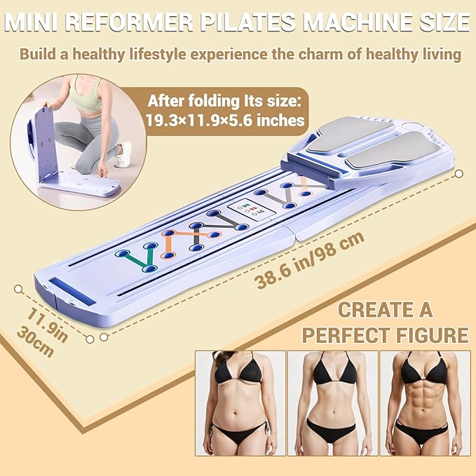 Pilates Board for Home Workout with Mat, Bar, Slider and Resistance Bands, Foldable Portable Pilates Reformer Machine Kit for Women, Multifunctional Pilates Equipment for Gym Office Exercise
