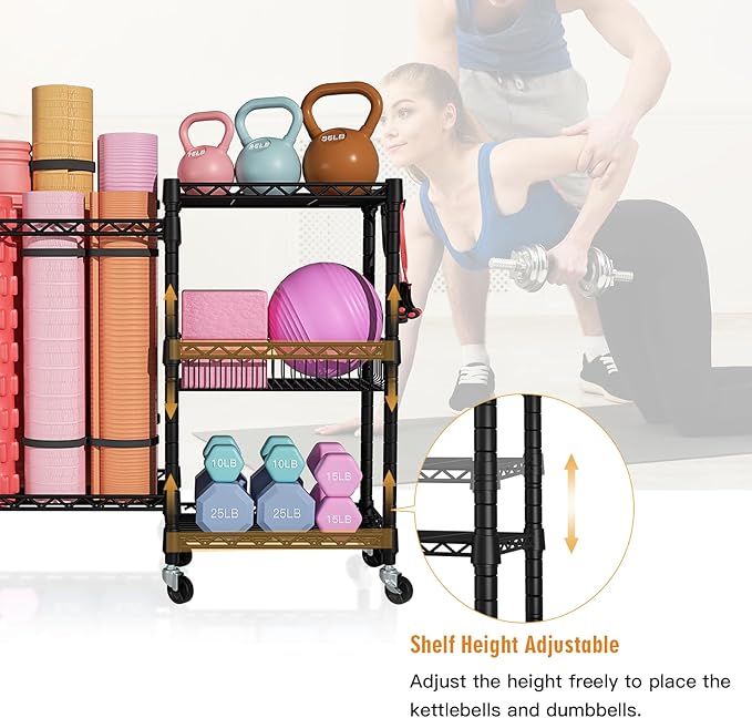 FUTASSI Home Gym Storage, 3 Tiers Workout Equipment Organizer with Wheels for Yoga Mats, Foam Roller, Dumbbells, Kettlebells, and Resistance Bands