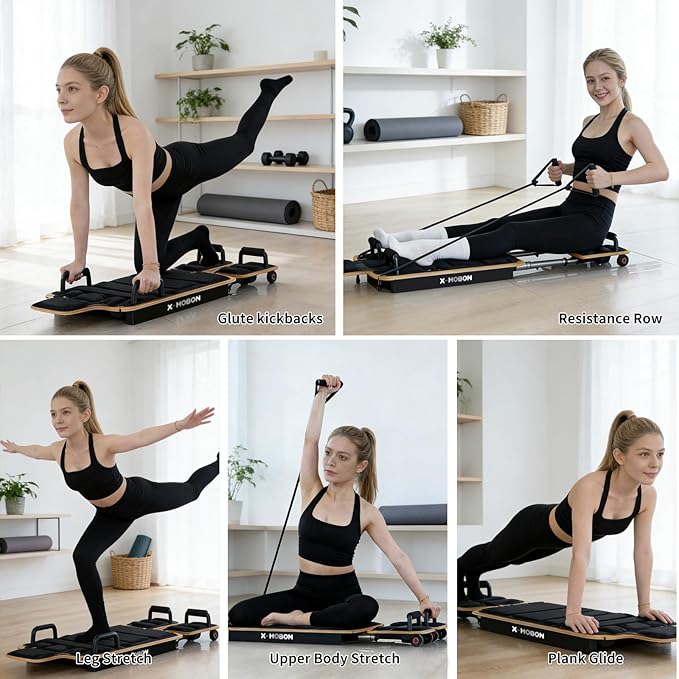 Pilates Board, Portable Pilates Reformer Board for Home, Full-Body Sliding Workout Board with Resistance Bands & Handles, Space-Saving, Up to 350 lbs