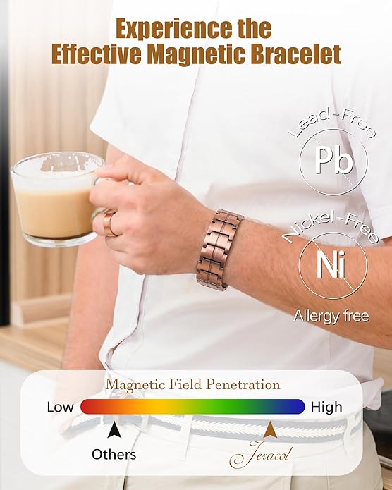 3X Strength Magnetic Copper Bracelet for Men - 99.9% Pure Copper Bracelet & Ring Set - Premium Fold-Over Clasp and Adjustable Length Sizing Tool & Jewelry Box