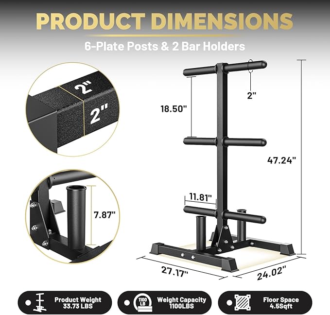 Weight Plate Tree Rack & Weight Set, Strength Training Plate Storage Stand and Barbell Holders for Home Gym, 1100 lb Weight Capacity, Fits Both 1" and 2" Bumper Plates