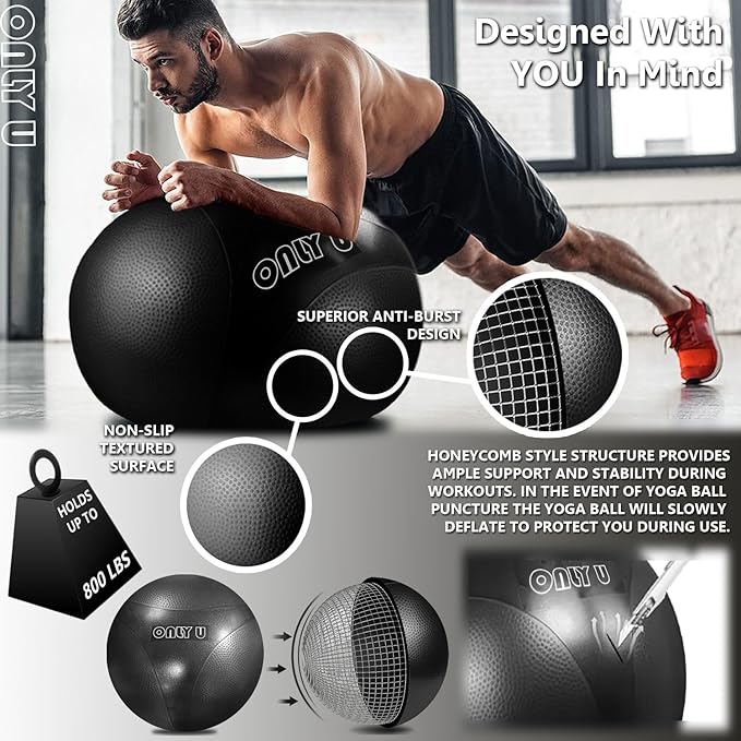 only U Premium Yoga Ball, Exercise Ball, Fitness, Balance and Stability Ball, 65cm Size, Eco-Friendly PVC, Anti Burst, Inflatable, Heavy-Duty Exercise Ball, Black, Hand Air Pump Included, Brand