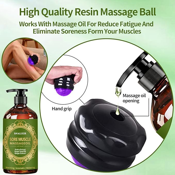 Massage Oil for Massage Therapy,Easter Basket Stuffers,3 Pack Cellulite Massage Oil,Sore Muscle Arnica Oil & Lavender Massage Body Oil with Massage Ball & Thumb Saver Tool,Easter Gifts for Men Women