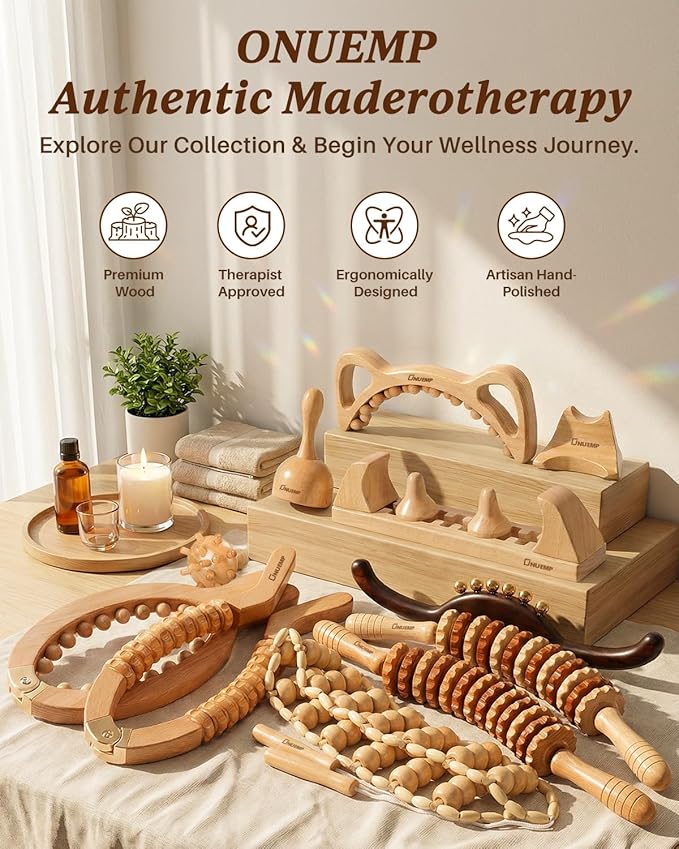 ONUEMP Cellulite Roller for Legs, Wood Therapy Massage Tools Maderoterapia Kit, Muscle Roller Stick Fascia Massager, Lymphatic Drainage & Body Sculpting for Thigh Butt Stomach Waist Back, Curved
