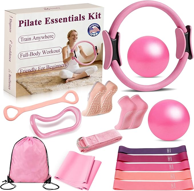 Pilates Ring and Small Ball Set for Women with 5 Resistance Bands, 14 inch Magic Circle Home Workout Essentials Starter Kit for Beginners, Yoga Sets for Full Body Toning Shape