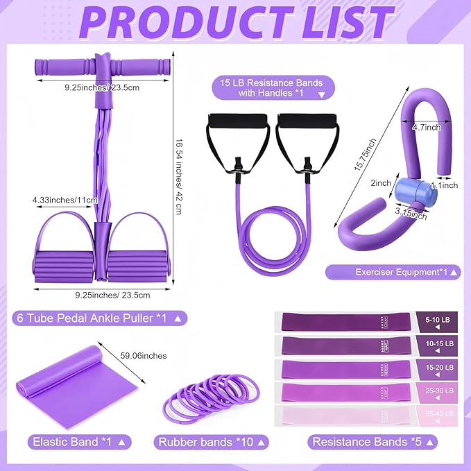 17 Pcs Home Pilates Kit with Resistance Bands 6 Tube Pedal Puller Resistance Band Set for Women Weight Loss Leg Training Workout Equipment Gym Exercise Equipment Beginners Yoga