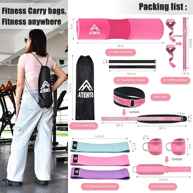 ATENTO 10Pcs Barbell Pad Set with Weight Lifting Belt, Thick Cushion Hip Thrust Pad for Bench Press, Lunges, Workout, Leg Exercise, Squat Bar Pad for Relief Pressure from Neck & Shoulder for Smith machine & Olympic Bars, with 2 Gym Ankle Straps, Hip Re...