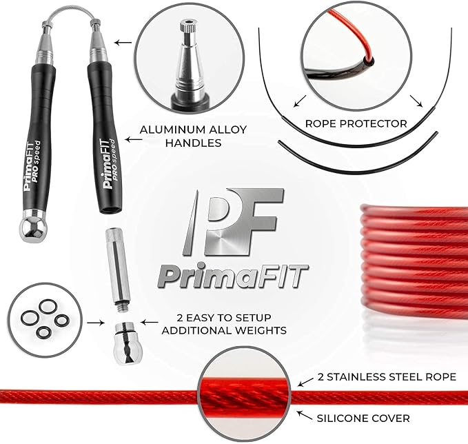 PrimaFIT Jump Rope Pro Speed Skipping Rope Adjustable Adult Jumping Rope Weighted Aluminium Handles for Double Dutch Boxing Workout Crossfit Exercise Fitness Spare Cable Weights Protectors Carry Bag
