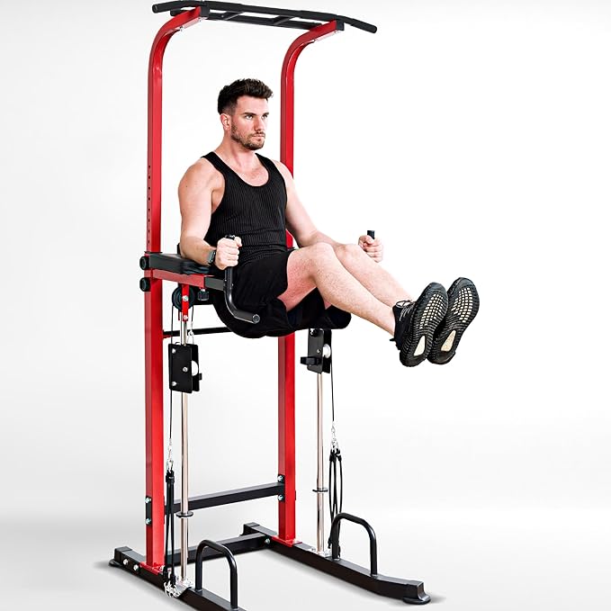 Dland Power Tower Dip Station Pull Up Bar Exercise Tower, Multifunctional Adjustable Height Training Equipment for Home Gym, Free Standing Assisted Fitness Workout Pullup Rack Station Machine
