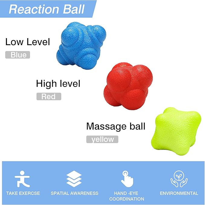 3 Pcs Reaction Ball Rubber Reflex Ball for Hand Eye Coordination Training Bounce Reaction Balls Different Level Reaction Training Ball for Agility Training Equipment Reflex Speed, Blue, Red, Yellow
