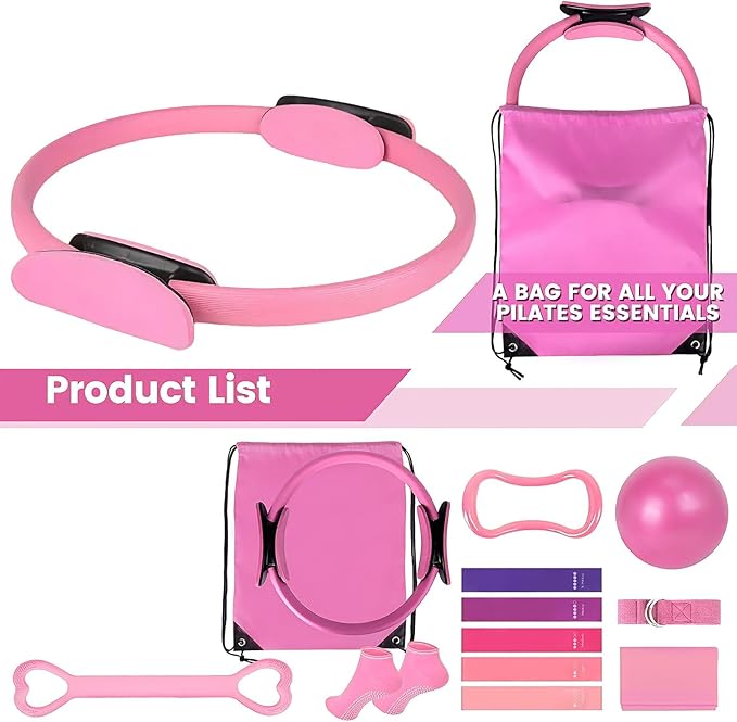 All-in-One Pilates Kit for Women: 13-Piece Home Pilates Equipment Set with Pilates Ring and Pilates Ball, Pilates at Home Workout Essentials for Beginners, Full Body Toning and Stretching