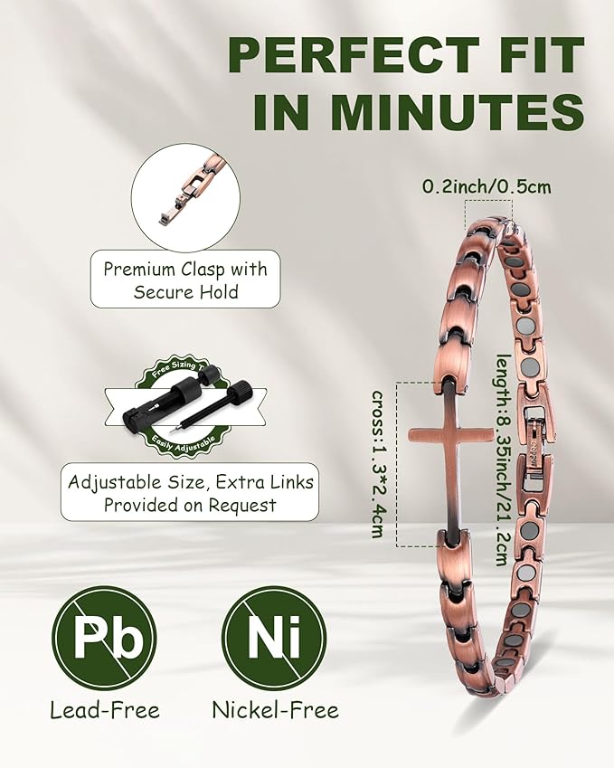 MagEnergy Copper Magnetic Bracelet for Women, Cross Copper Bracelet with 3500 Gauss Magnets, Adjustable, Christian Jewelry Gift