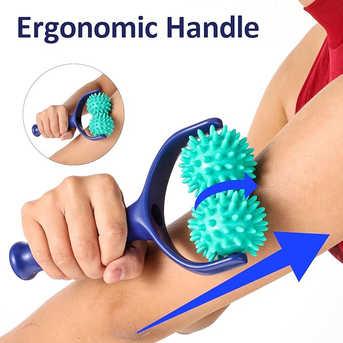 Handheld Spiky Massage Balls Rollers, 2 Wheel Spiky Massage Ball Rollers Silicone Manual Massage Roller with Handle Pressure Point Muscle Massage Tool for Foot Arm Body Neck Leg Pain Pressure Relief