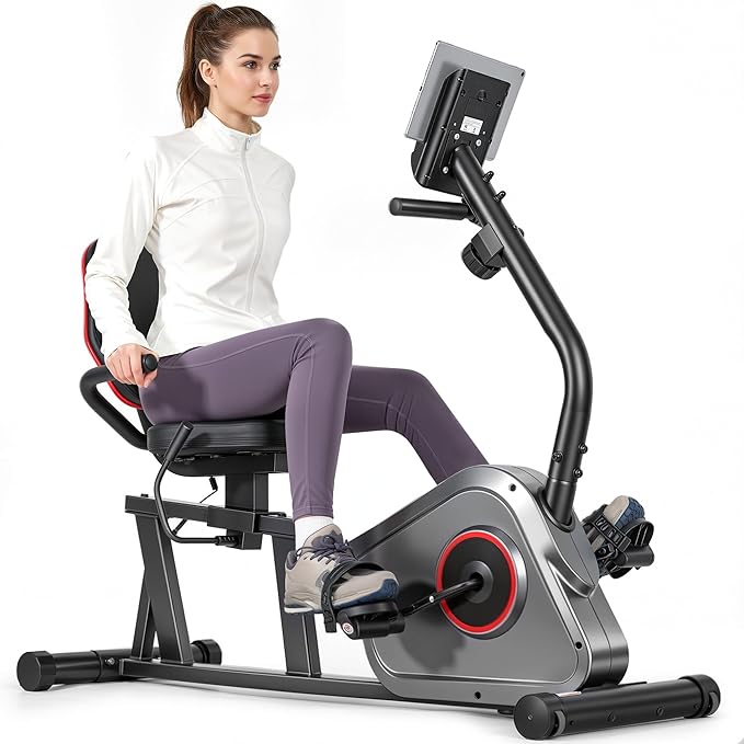 Recumbent Exercise Bike, Stationary Bike, Exercise Bikes for Home with 8 Levels Magnetic Resistance, 300 LBS Weight Capacity, LCD Monitor, Heart Rate Handle and Device Holder