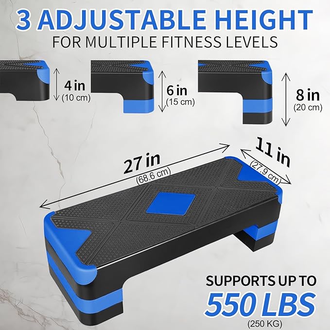 27" Aerobic Exercise Step Adjustable Aerobic Stepper for Exercise Workout Step Platform for Step Up, Step Deck with 4” 6” 8” Adjustable Height Risers