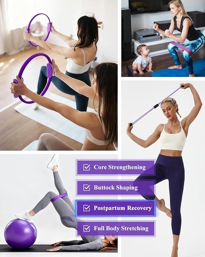 Home Workout Pilates Kit for Women, Better me Pilates Ring and Ball Set Essentials Equipment, with 5 Resistance Bands, Massager Roller, Yoga Starter Accessories for Toning Arms, Thighs & Core