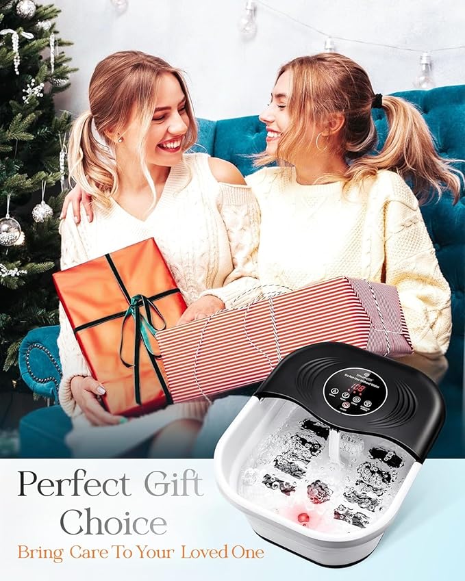Collapsible Heated Foot Spa with Bubble and Red Light Temperature Control Foot Bath Massager and Soaking Tub Featuring 8 Shiatsu Massage Rollers Pumice Stone and Built-in Timer Ideal Gift for Wife,Mom