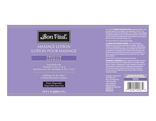 Bon Vital' Swedish Massage Lotion, 5 Gallon, Certified Organic Ingredients, Non-Greasy Natural Moisturizer, Pump-Compatible Bulk Size for Massage Therapy, Earth-Friendly Professional Spa Lotion