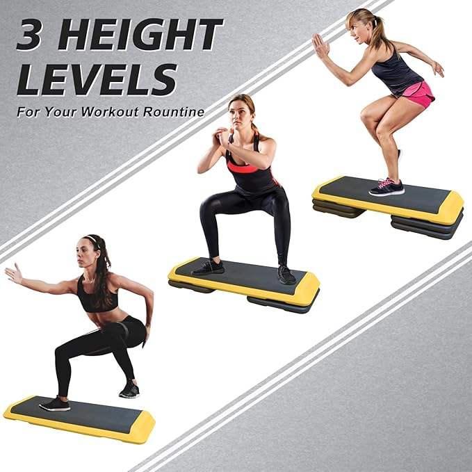 43'' Exercise Aerobic Step Platform, Adjustable Height 4-6-8in Exercise Stepper Workout with 4 Detachable Risers, Aerobics Stepper Workout Stepper for Home Gym Cardio Strength & Training