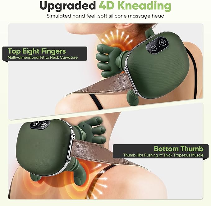 Shoulder and Neck Massager, Bionic Heated Massager, Neck Massager with Fingers, 4D Kneading Massage, Simulates a Real Palm Massage for Comfort, Relax Muscle Tension (Green)