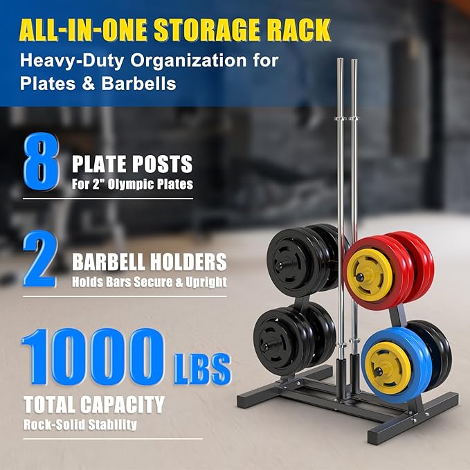 Kipika Weight Plate Tree Rack, Weight Holder for 2 inch Olympic Weight Plate & 2 Barbell Holders, Heavy Duty Bumper Plate Storage Organizer for Home Gym with Optional Wheels