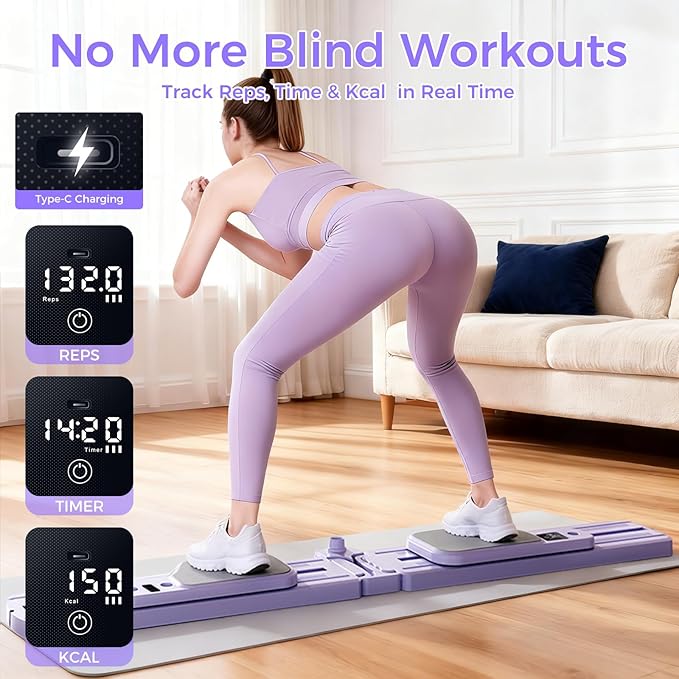 Pilates Board, Pilates Reformer, Portable Pilates Reformer, Pilates Board for Home Workout, 9 in 1 Foldable Pilates Equipment with Timer & Resistance Band, Fitness, Exercise, Ab, Core (Purple)