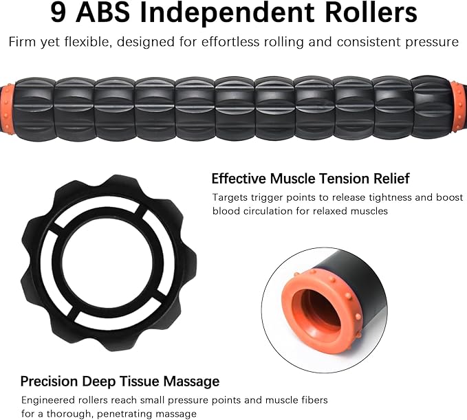 Muscle Roller Massage Roller Stick- Deep Tissue Fascia Blaster for Myofascial Pain Relief, Lymphatic Drainage & Body Sculpting, Handheld Physical Therapy & Recovery Tool (Orange black-18 inch)