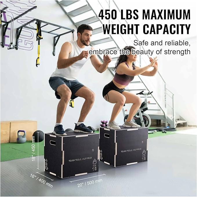 Plyometric Jump Box 3-in-1, 20/18/16 Inch Wooden Plyo Box for Fitness, Agility Training, Step Up Platform - Home Gym Equipment, Black
