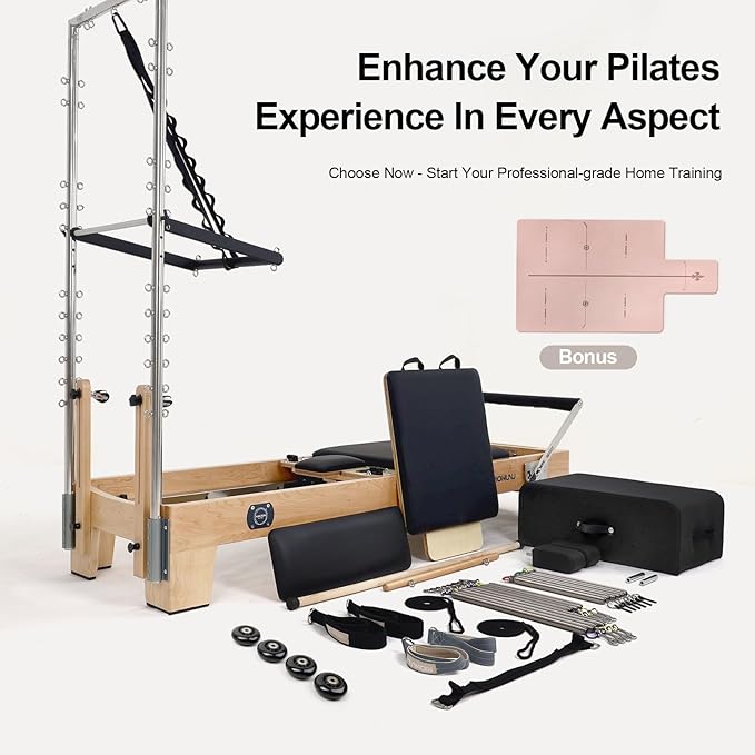 Pilates Reformer, Pilates Reformer Machine, Pilates Equipment for Home and Studio, Black Ultrafine Leather, Adjustable Resistance System