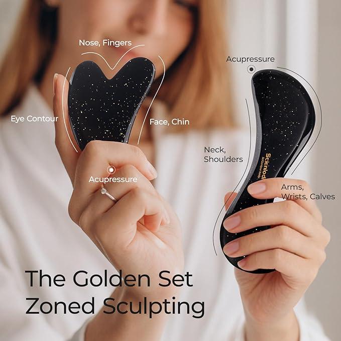 Scienlodic 2 Pcs Gua Sha Massage Tools for Face & Body (Black Gold, Resin) - Guasha Scraping Tool for Jawline Contouring, Puffiness Reduction, Neck, Shoulders, Arms & Calves Relaxation