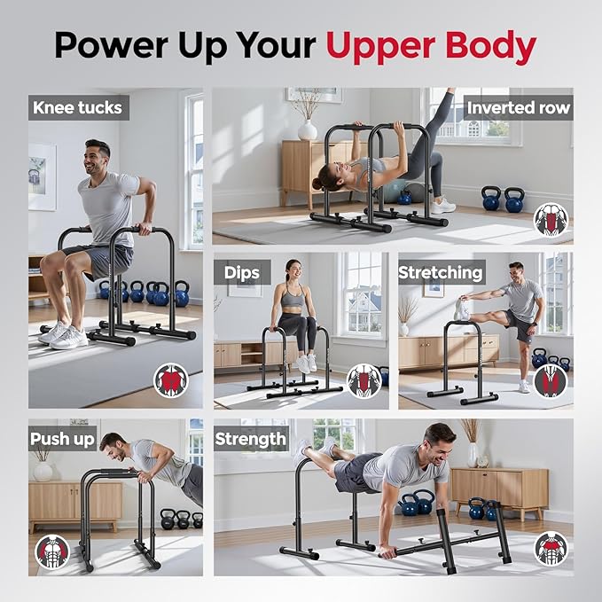 Sportsroyals Adjustable Dip Bar Station, Heavy Duty Parallette & Parallel Bars, 400LBS Stable Dip Stands for Home Gym, Calisthenics & Upper Body Workout Equipment