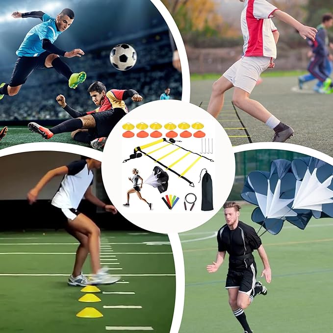 Agility Ladder – Speed Ladder Soccer Football Athletic Fitness Kit | Jump Rope Parachute Discs Belt Basketball Exercise Workout Coordination Endurance Training Tools