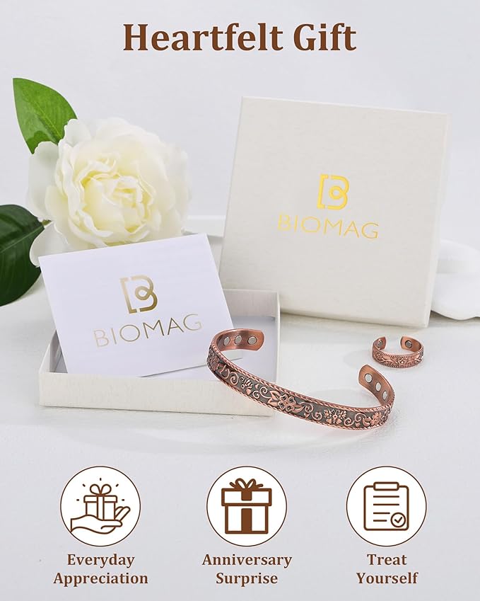 BioMag 99.99% Pure Copper Bracelet&Ring for Men and Women, Adjustable Magnetic Bracelet & Ring with Built-in Strong Magnets, Elegant Vintage Flower Design, Jewelry Christmas Gift
