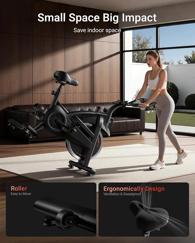 UMAY Exercise Bike,Brake Pad Stationary Bike for Home with Exclusive App, Silent Belt Drive Stationary Workout Bike for Home with Comfort Seat, Low Noise Indoor Cycling Bike with Heart Rate / Tablet & Bottle Holder, 300 LBS Capacity
