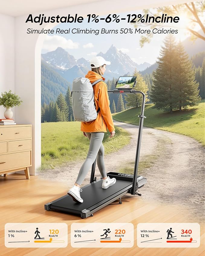 Walking Pad with 12% Incline & Height-Adjustable Handlebar, 5-in-1 Foldable Treadmill for Home & Office, Portable Under Desk Treadmill with LED Display & App Control