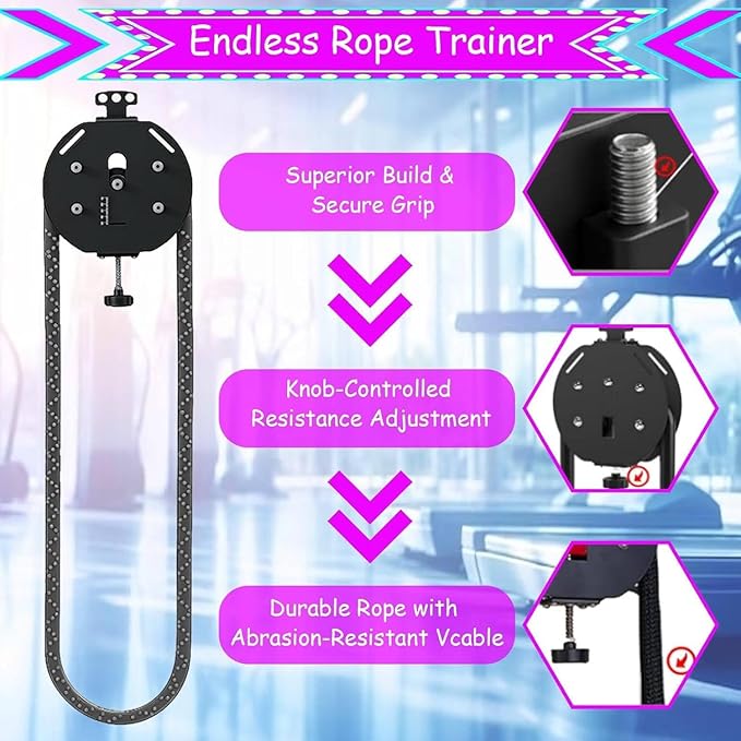 Resistance Trainer Machine, Endless Rope Trainer | Adjustable | Suspension Endless Rope Pulley System | Closed-Loop Nylon Rope | Home Gym Infinity Rope for Interval Resistance Training Black