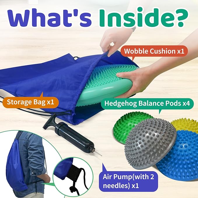 Wobble Cushion Set for Sensory Kids and Balance Training - Disc Plus 4 Pods, Board With Pump, Inflatable Stepping Pads for Adults