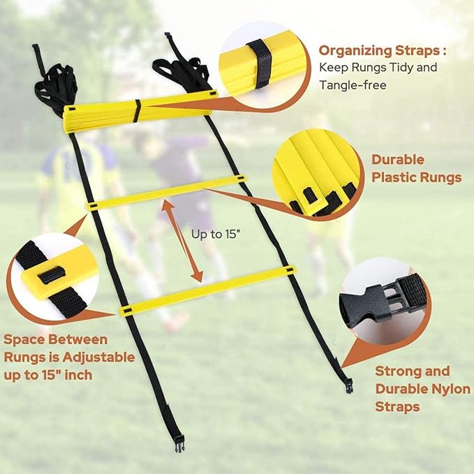 GHB Pro Agility Ladder 2 Pack Agility Training Ladder Speed 12 Rung 20ft with Carrying Bag (Yellow and Green)